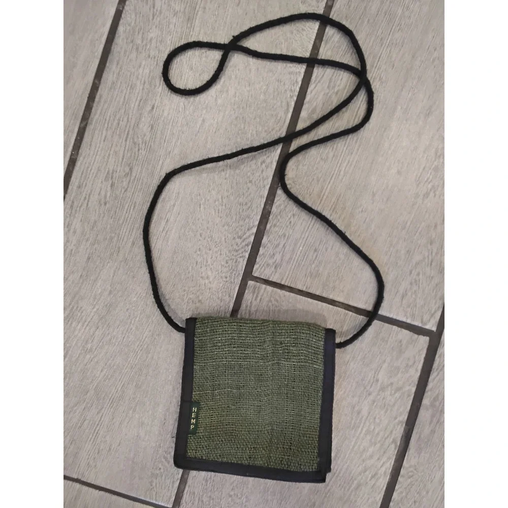 100% Hemp Crossbody Neck Wallet Olive Green Travel Pouch Made in Nepal Boho